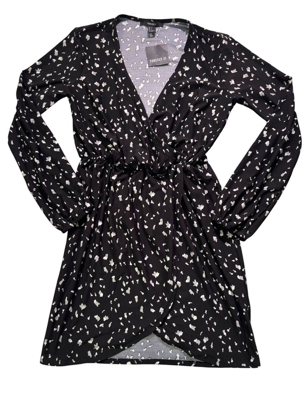 Forever 21 Dress, Black White Gray, Abstract Print Faux Wrap, Small, NWT